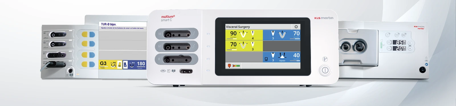 Geradores de eletrocirurgia KLS Martin maXium smart C e marVac enfileirados.