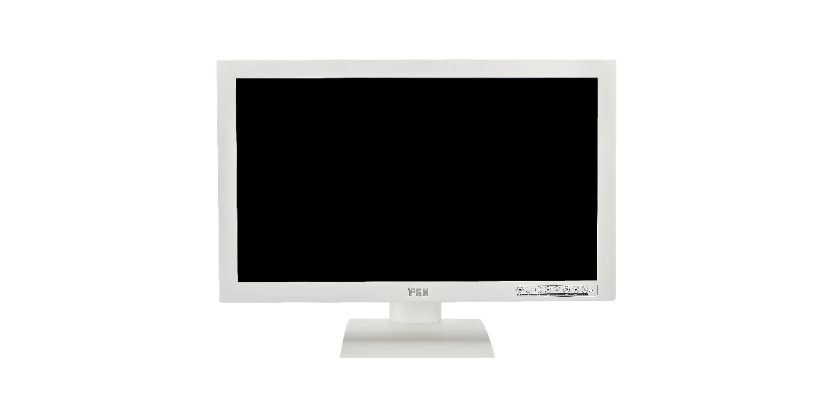 Monitor cirúrgico widescreen de moldura branca sobre pedestal, com os botões de comando na borda inferior.
